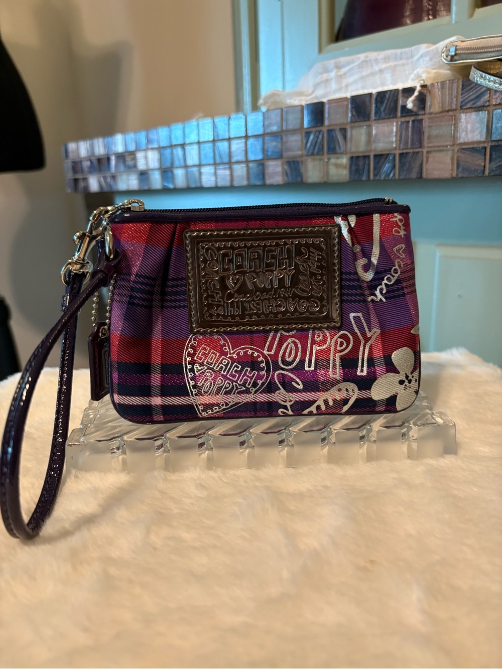 Coach Plaid Poppy Wristlet in Pink & Purple